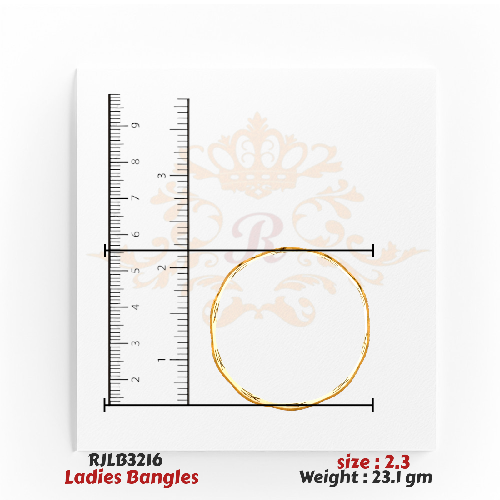 Top view of a delicate gold ladies bangle with a subtle twisted pattern along its circumference, shown with a ruler for accurate sizing. Model RJLB3216.