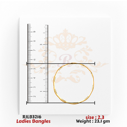 Top view of a delicate gold ladies bangle with a subtle twisted pattern along its circumference, shown with a ruler for accurate sizing. Model RJLB3216.