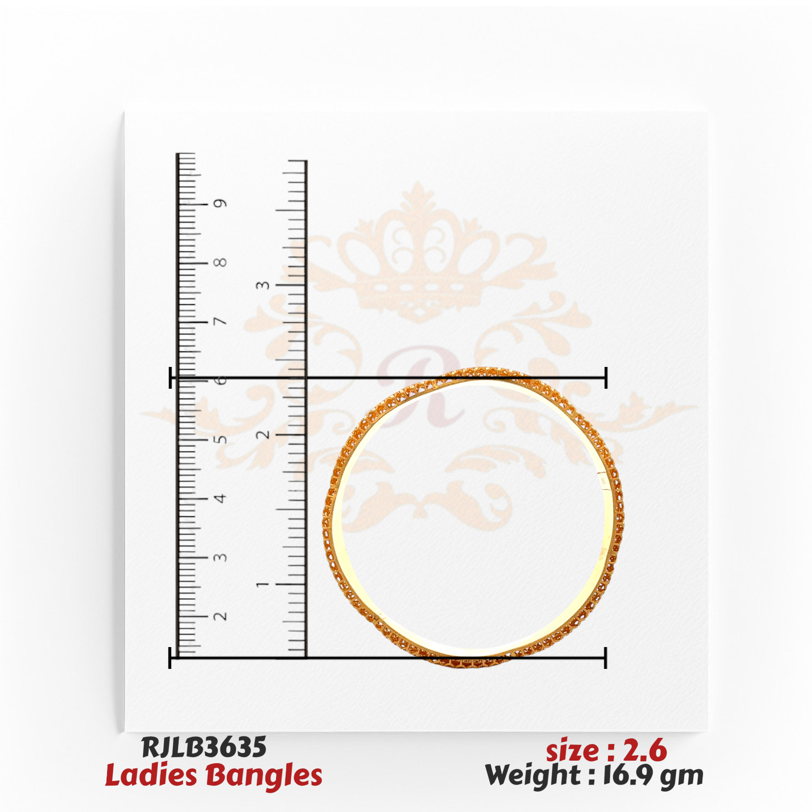 Top view of a gold ladies bangle with intricate beaded detailing along the edges, adding a textured and elegant touch, displayed with a ruler for precise measurement. Model RJLB3635.