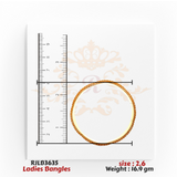Top view of a gold ladies bangle with intricate beaded detailing along the edges, adding a textured and elegant touch, displayed with a ruler for precise measurement. Model RJLB3635.