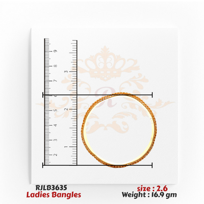 Top view of a gold ladies bangle with intricate beaded detailing along the edges, adding a textured and elegant touch, displayed with a ruler for precise measurement. Model RJLB3635.