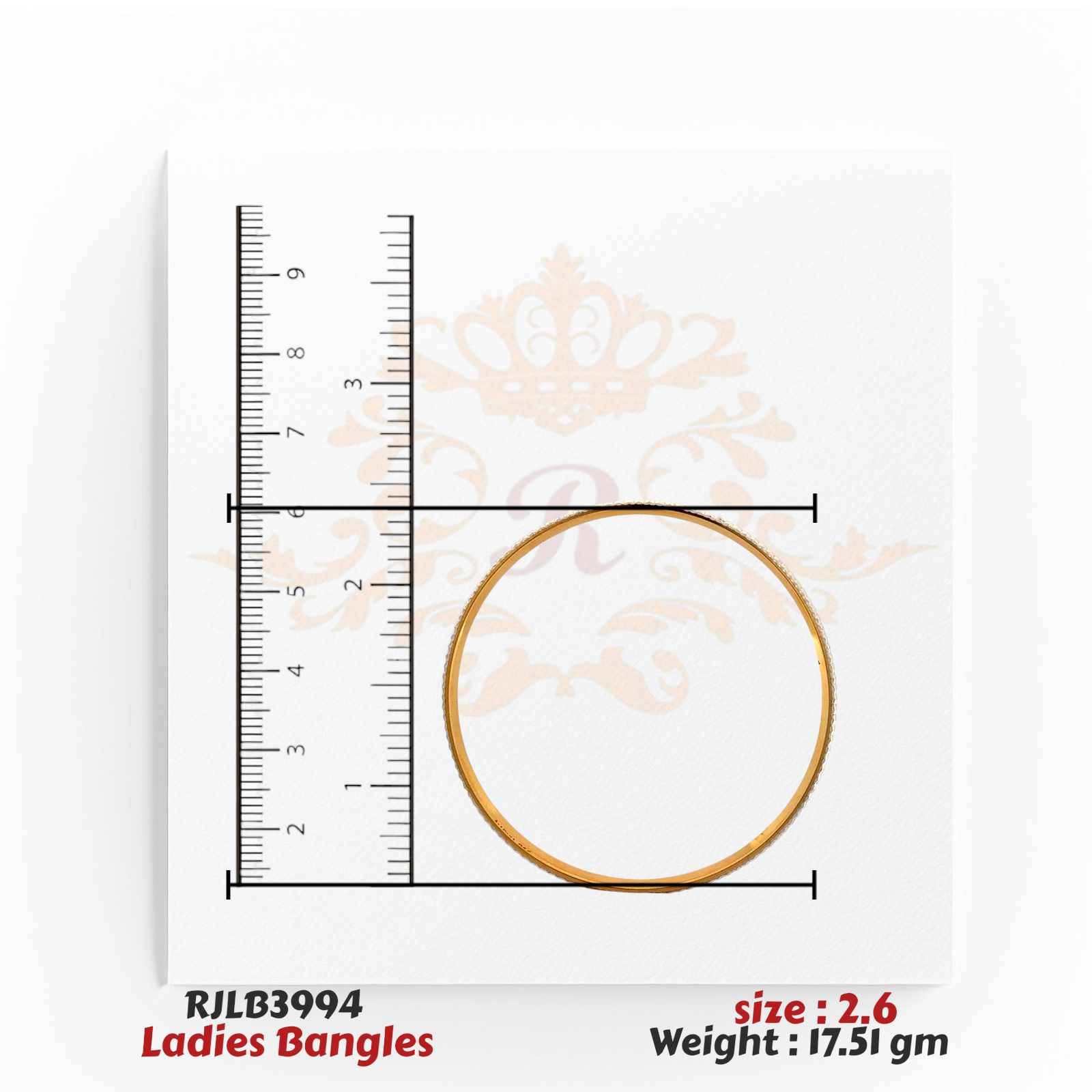 Top view of a simple and sleek gold ladies bangle with a smooth, polished finish, displayed with a ruler for accurate size reference. Model RJLB3994
