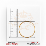 Top view of a simple and sleek gold ladies bangle with a smooth, polished finish, displayed with a ruler for accurate size reference. Model RJLB3994