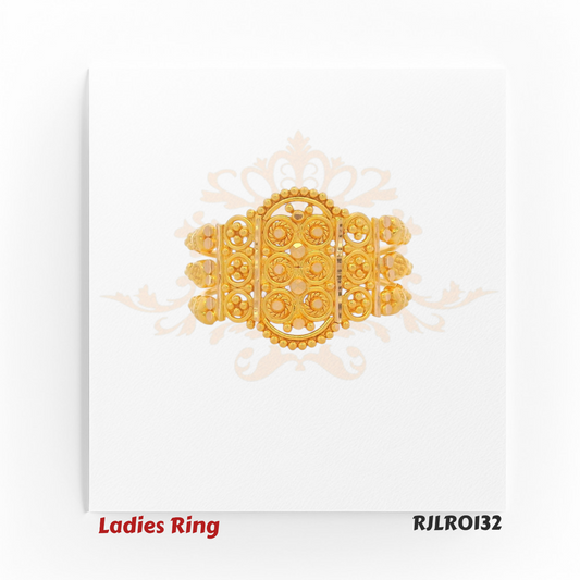 Front view of an ornate 22kt gold ladies ring featuring a large oval centerpiece with intricate floral filigree and beaded edging. Model RJLRO132.