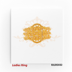 Front view of an ornate 22kt gold ladies ring featuring a large oval centerpiece with intricate floral filigree and beaded edging. Model RJLRO132.