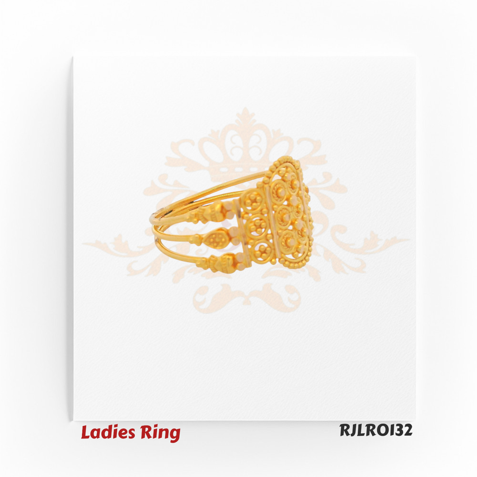 Side view of a detailed 22kt gold ladies ring with a multi-band shank and elevated oval floral filigree centerpiece. Model RJLRO132.