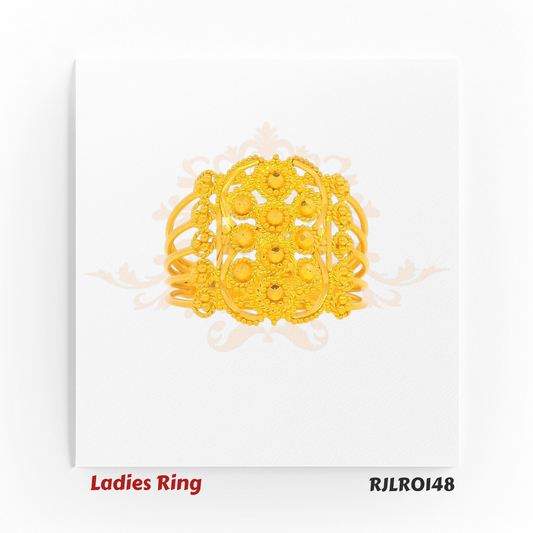 Statement gold ring for women featuring layered dome-shaped floral motifs and delicate hand-finished detailing, offering a perfect balance of grandeur and grace. Model RJLR0148.