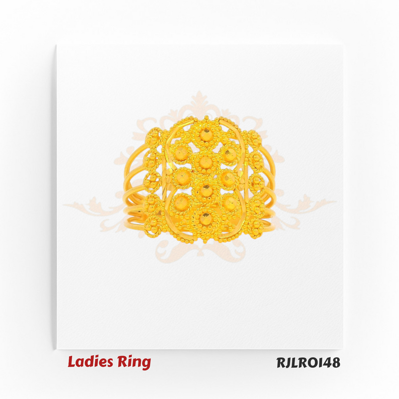 Statement gold ring for women featuring layered dome-shaped floral motifs and delicate hand-finished detailing, offering a perfect balance of grandeur and grace. Model RJLR0148.