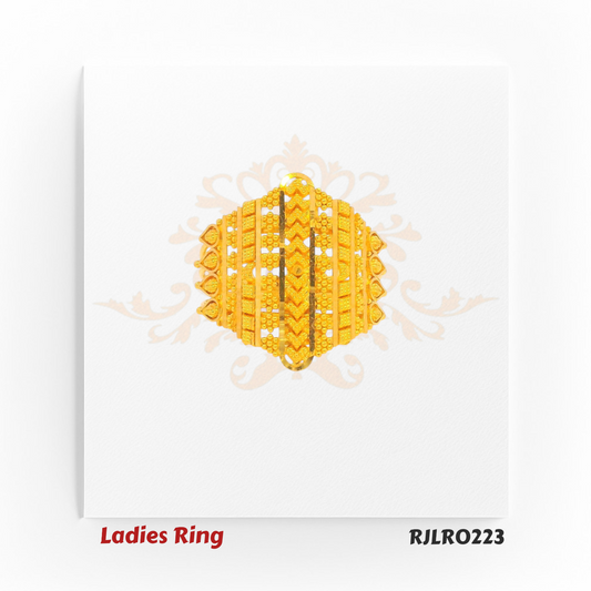 Elegant hexagon-shaped gold ring for women, featuring symmetrical vertical designs framed by ornate edging, a true testament to intricate Indian craftsmanship. Model RJLR0223.