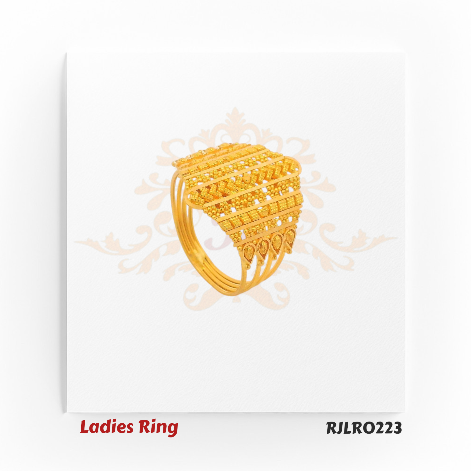 Gold ladies ring in a hexagonal shape, adorned with balanced vertical patterns and detailed border work, showcasing the finesse of Indian artistry. Model RJLR0223.