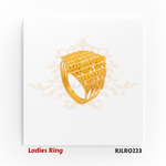 Hexagon-shaped gold ladies ring with symmetrical vertical motifs and ornate border work, reflecting intricate Indian craftsmanship.