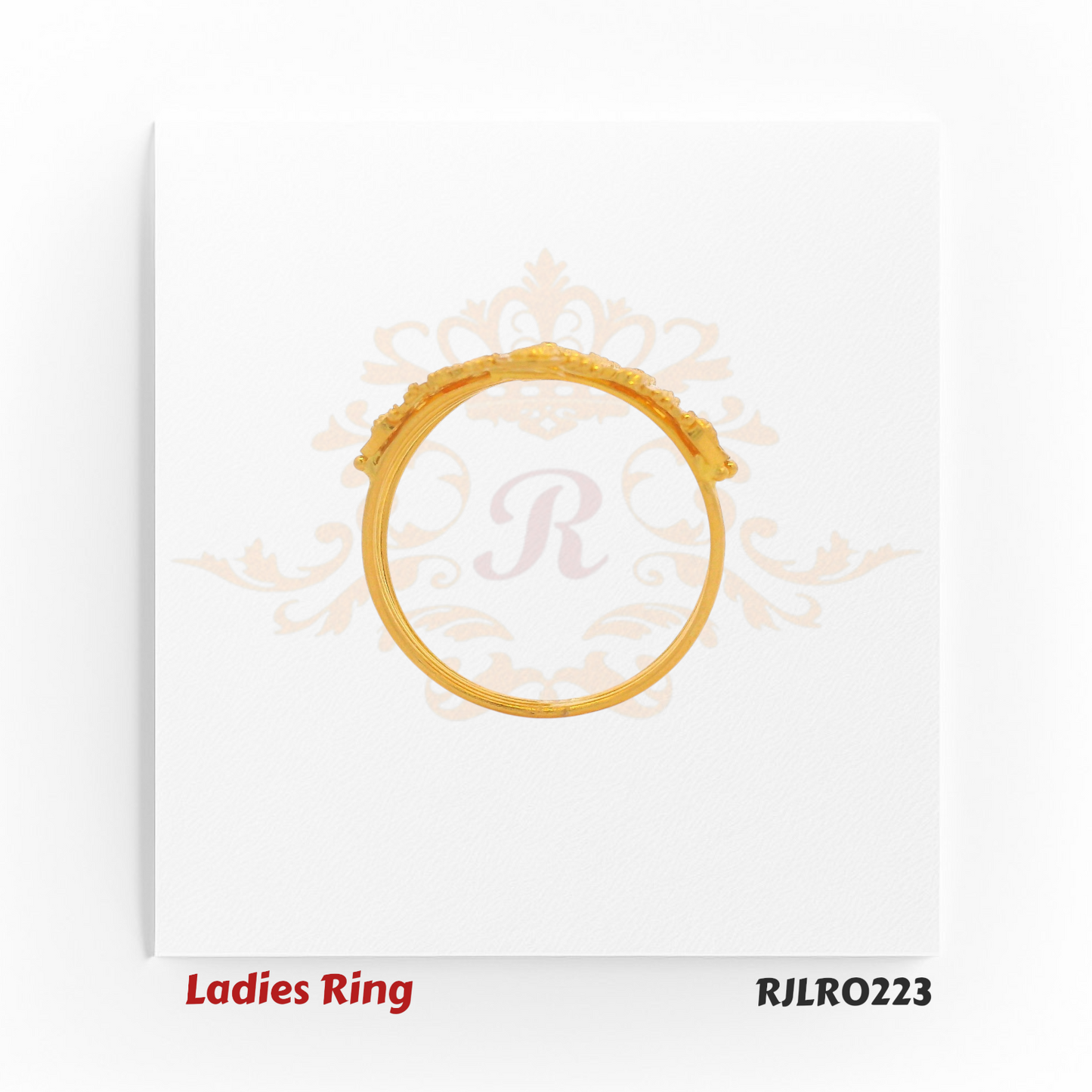 Hexagon-shaped gold ladies ring with symmetrical vertical motifs and ornate border work, reflecting intricate Indian craftsmanship. RJLR0223