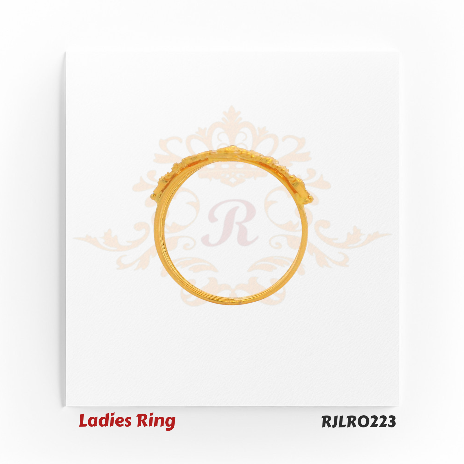 Hexagon-shaped gold ladies ring with symmetrical vertical motifs and ornate border work, reflecting intricate Indian craftsmanship. RJLR0223