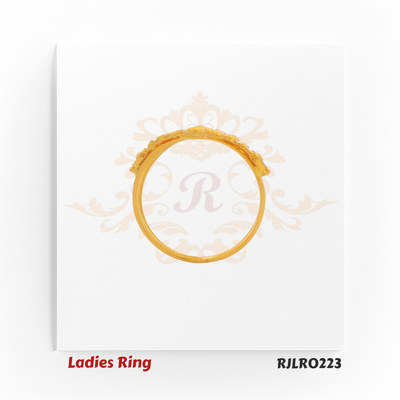 Hexagon-shaped gold ladies ring with symmetrical vertical motifs and ornate border work, reflecting intricate Indian craftsmanship. RJLR0223
