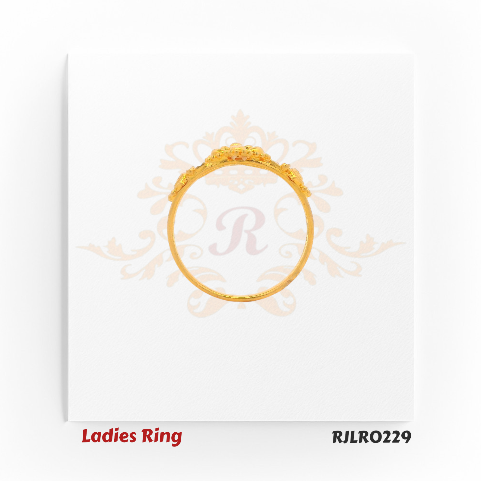 Floral-themed wide gold ring with a central flower surrounded by petal patterns and fine golden beads, offering a regal traditional style. RJLR0229
