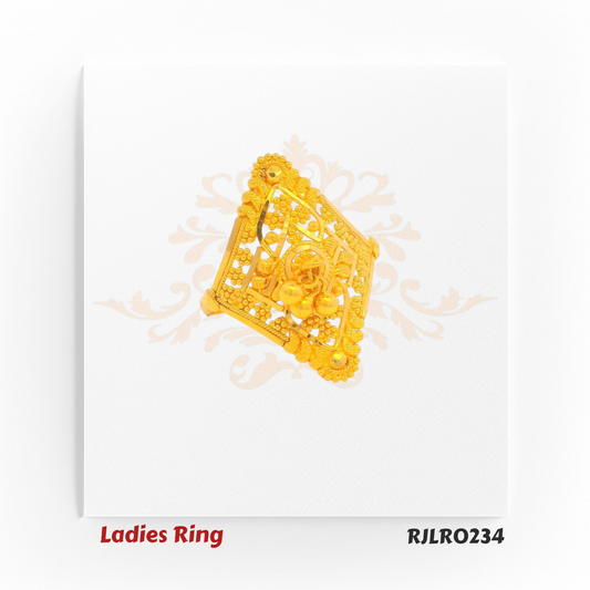Gold ladies ring in a bold square design, adorned with delicate lattice-style cutwork, tiny hanging gold balls, and textured raised borders for an ornate celebration-ready look. Model RJLR0234.