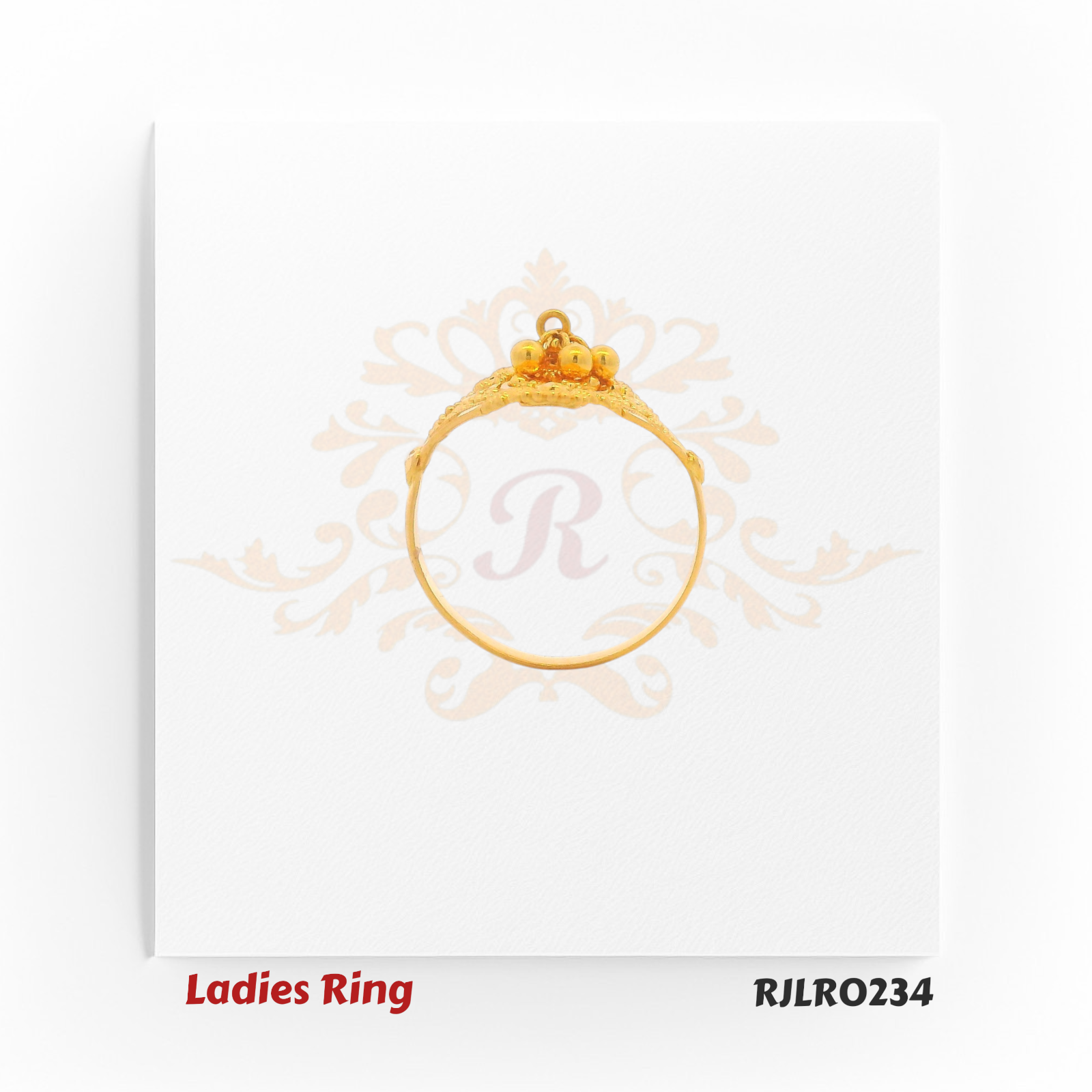 Square-shaped gold ladies ring featuring intricate open latticework, playful dangling golden balls, and raised edge detailing for a vibrant festive appeal. Model RJLR0234.