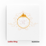 Square-shaped gold ladies ring featuring intricate open latticework, playful dangling golden balls, and raised edge detailing for a vibrant festive appeal. Model RJLR0234.