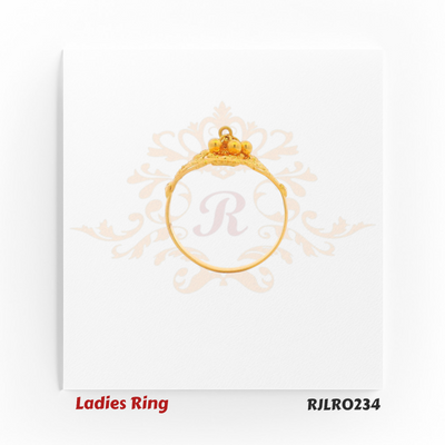 Square-shaped gold ladies ring featuring intricate open latticework, playful dangling golden balls, and raised edge detailing for a vibrant festive appeal. Model RJLR0234.