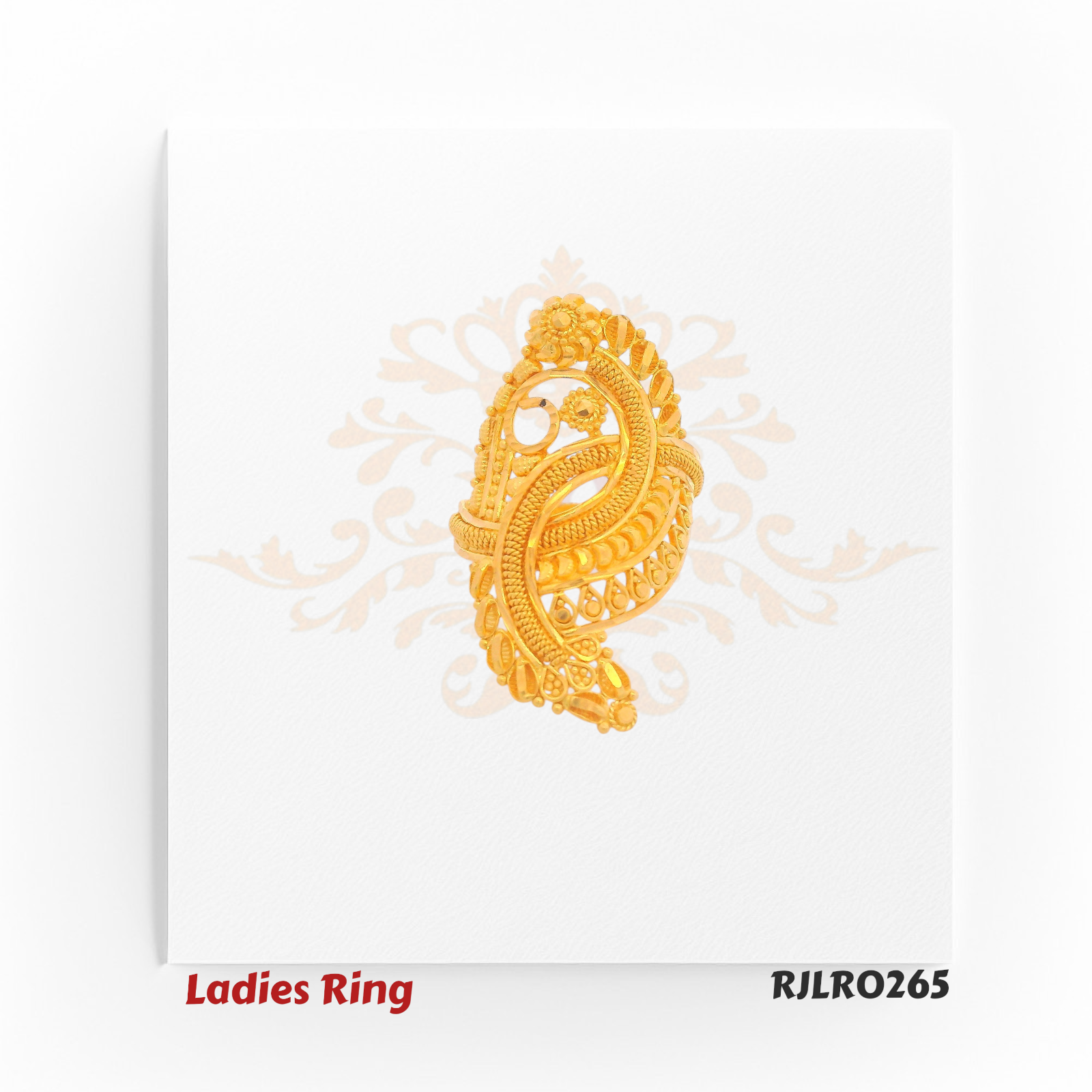 Intricately designed ladies gold ring with floral and twisted patterns, model RJLR0265.
