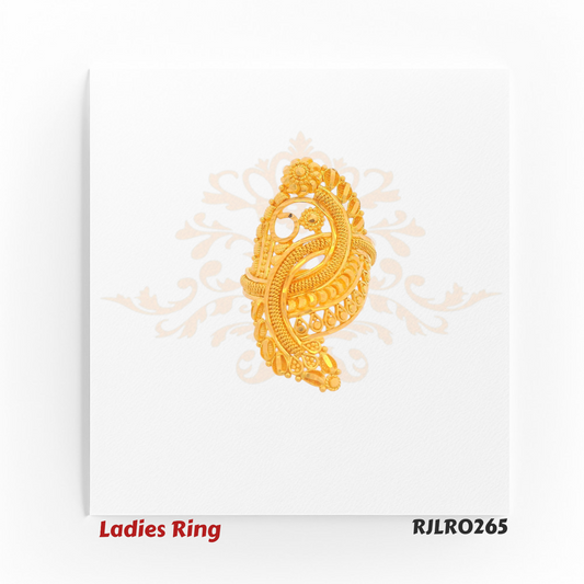 Intricately designed ladies gold ring with floral and twisted patterns, model RJLR0265.
