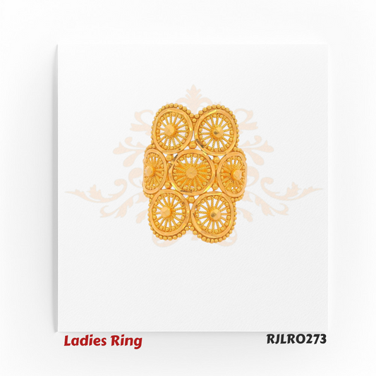 RJLRO273 – Front view of a wide gold ladies ring with six ornate circular filigree patterns.