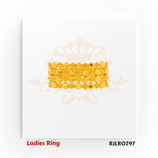 Stylish wide gold band ring for women, showcasing a harmonious mix of raised golden beads and intricate floral accents in a symmetrical layered layout. Model RJLR0297.