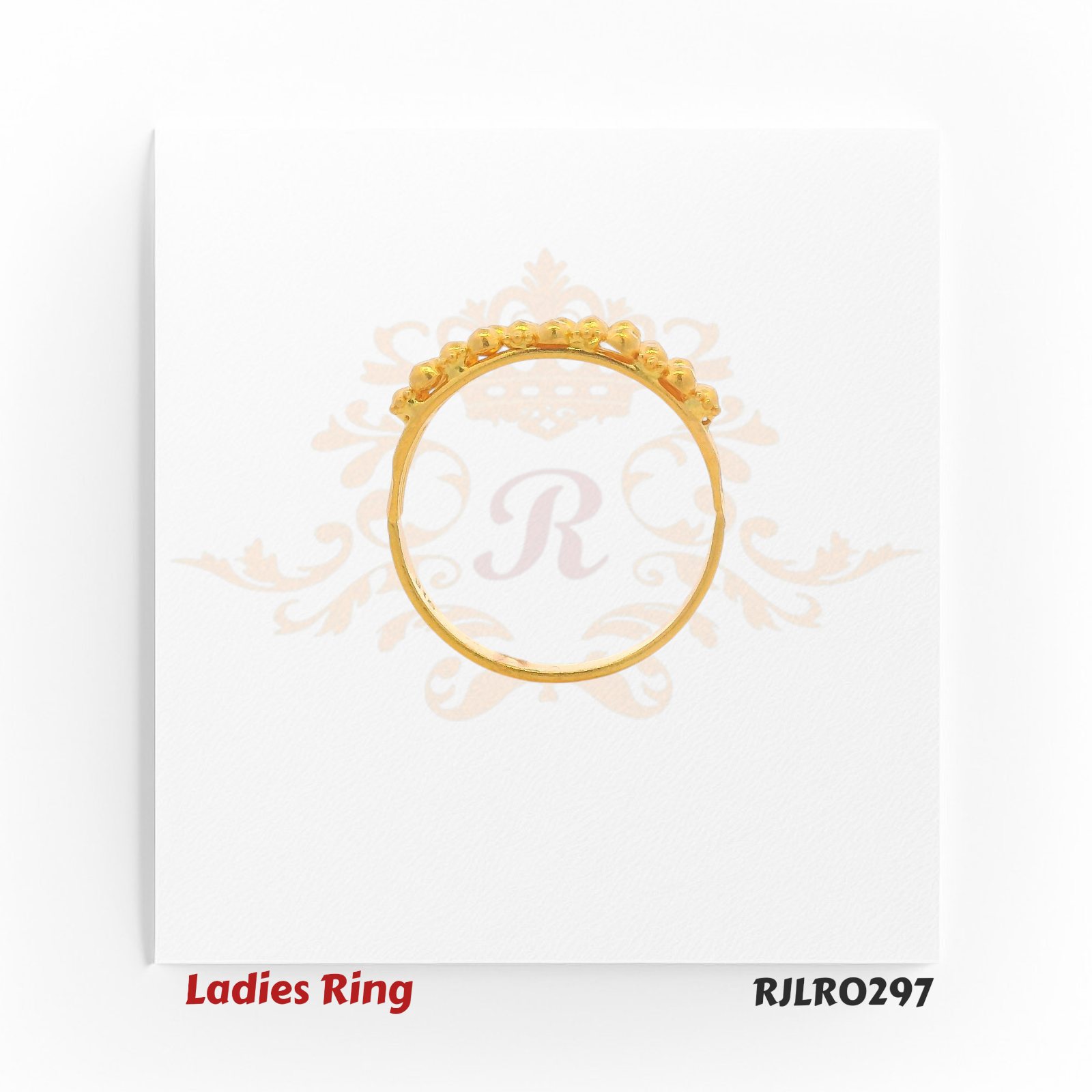 Broad gold ladies ring with a band-style design, adorned with alternating raised beadwork and floral motifs arranged in a balanced, layered pattern. Model RJLR0297.