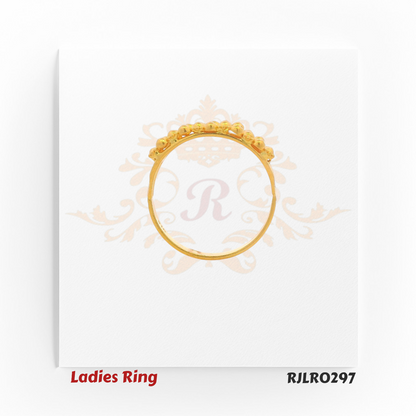 Broad gold ladies ring with a band-style design, adorned with alternating raised beadwork and floral motifs arranged in a balanced, layered pattern. Model RJLR0297.