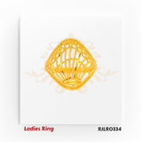 Elegant gold ladies ring with a shell-shaped silhouette, showcasing intricate fan-like cutwork framed by delicate beading, perfect for making a bold style statement. Model RJLR0334