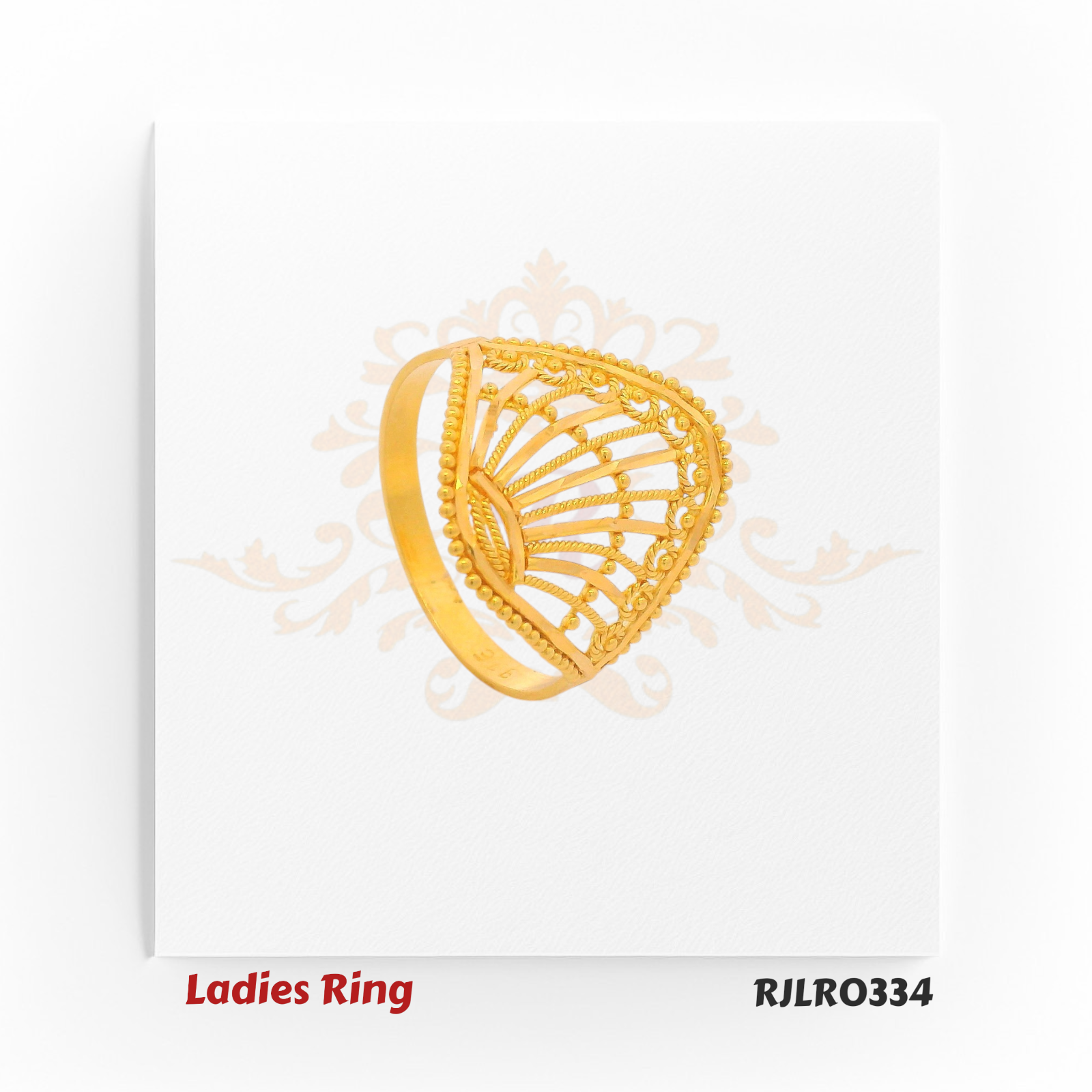 Gold ladies statement ring in a shell-inspired shape, featuring detailed fan-style openwork and a beaded border for a distinctive, eye-catching look. Model RJLR0334.