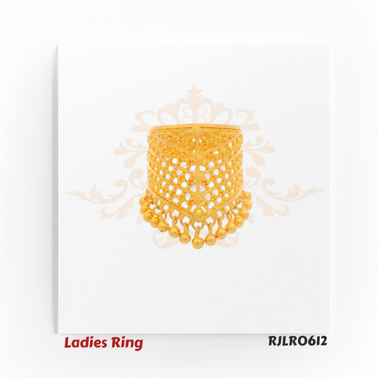 Intricate gold ladies ring RJLR0612 with lattice design and dangling beads – front view