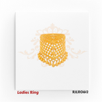 Intricate gold ladies ring RJLR0612 with lattice design and dangling beads – front view