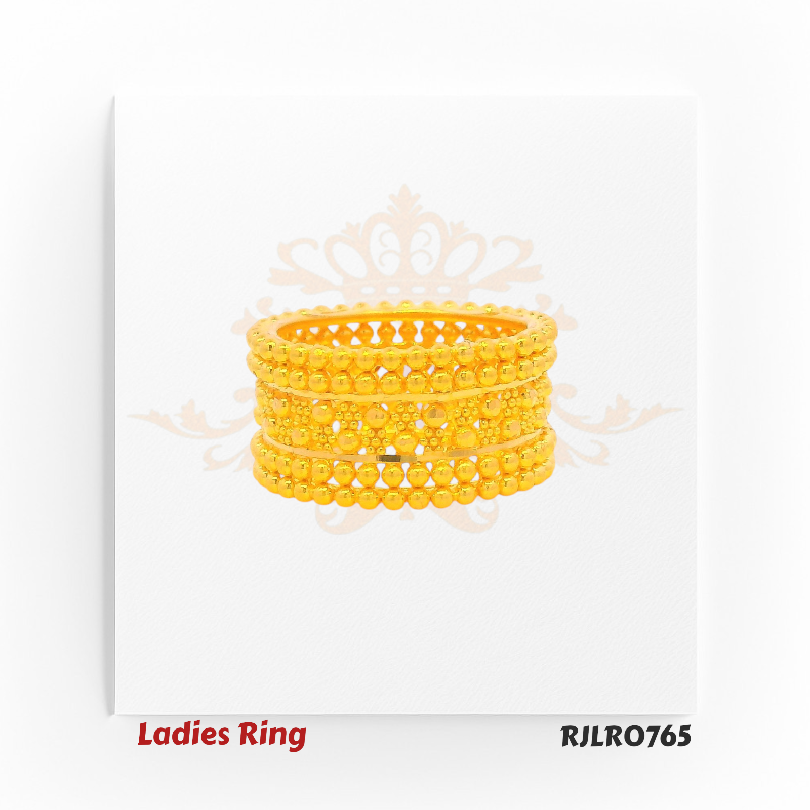 Bold ladies gold ring featuring a wide band with three sleek rows of polished golden beads separated by open spaces, offering a striking layered look. Model RJLR0765.