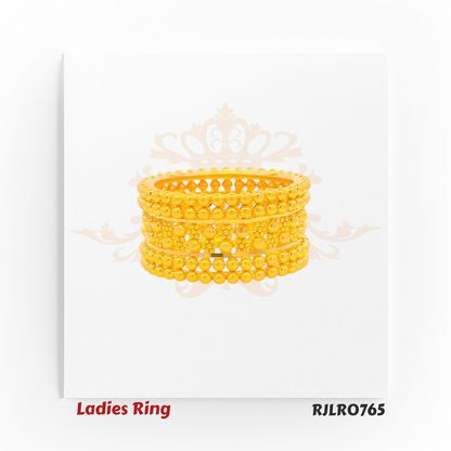 Bold ladies gold ring featuring a wide band with three sleek rows of polished golden beads separated by open spaces, offering a striking layered look. Model RJLR0765.