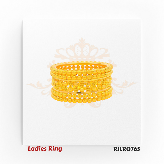 Bold ladies gold ring featuring a wide band with three sleek rows of polished golden beads separated by open spaces, offering a striking layered look. Model RJLR0765.