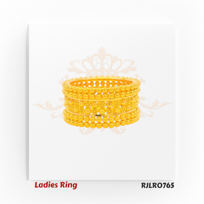Bold ladies gold ring featuring a wide band with three sleek rows of polished golden beads separated by open spaces, offering a striking layered look. Model RJLR0765.