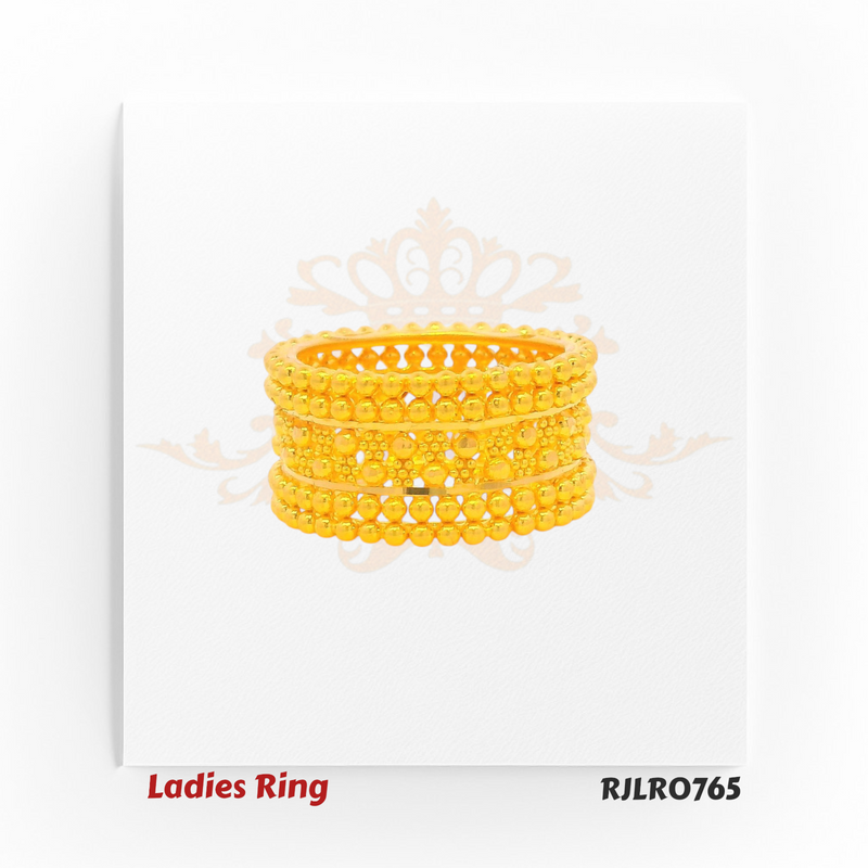 Bold ladies gold ring featuring a wide band with three sleek rows of polished golden beads separated by open spaces, offering a striking layered look. Model RJLR0765.
