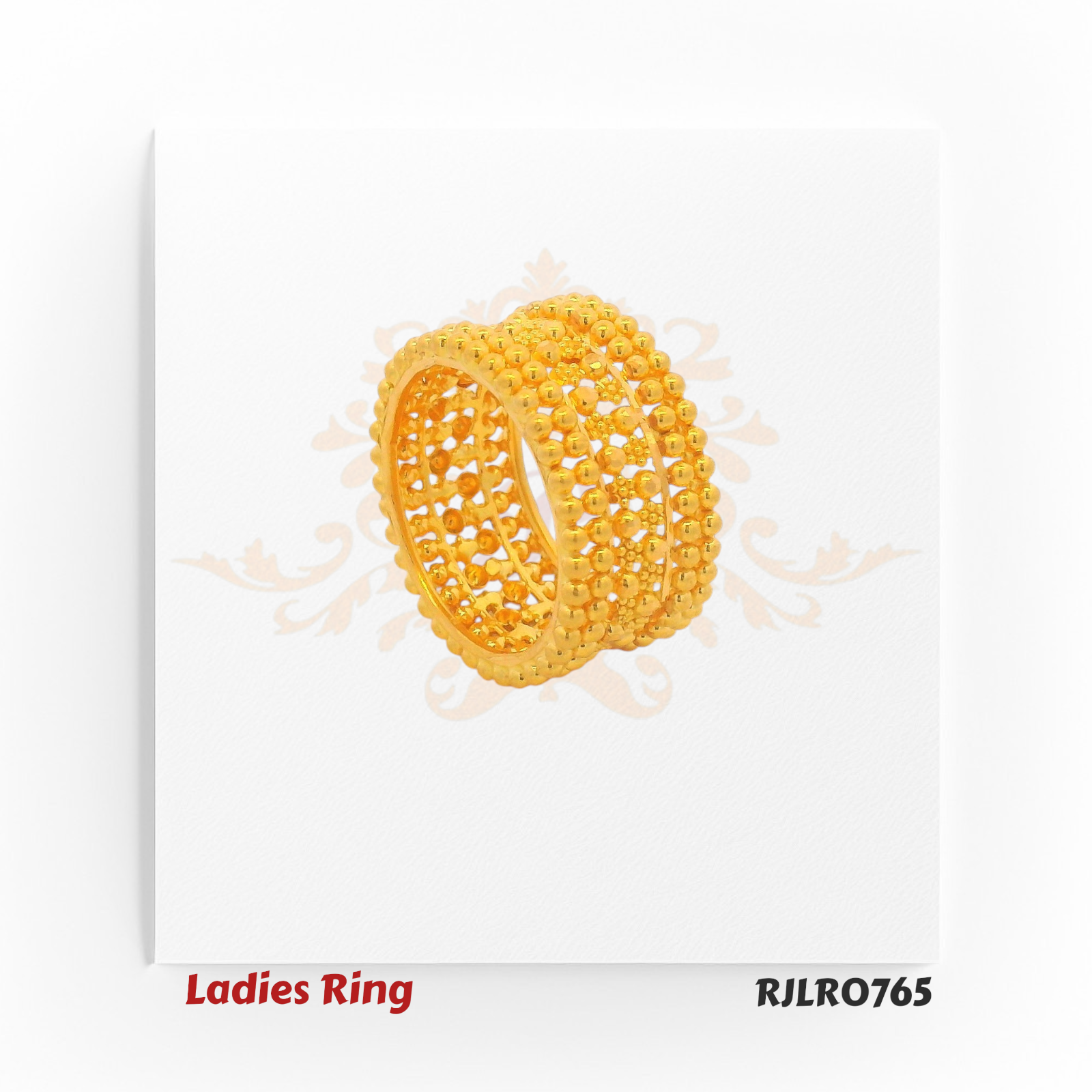 Bold ladies gold ring featuring a wide band with three sleek rows of polished golden beads separated by open spaces, offering a striking layered look. Model RJLR0765.