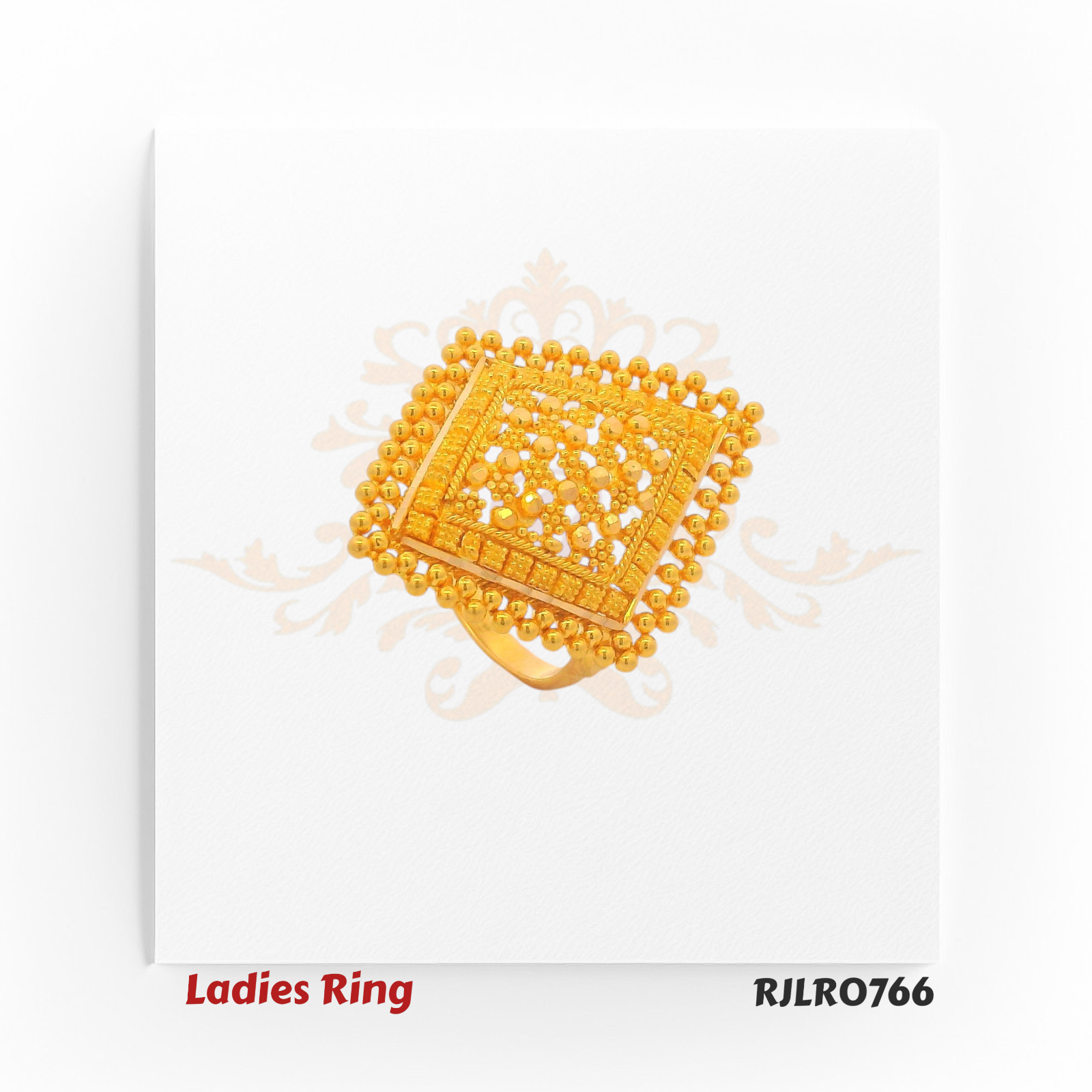 Elegant square gold ladies ring featuring fine floral filigree at its center, framed by a border of raised golden beads for a rich, traditional charm. Model RJLR0766.