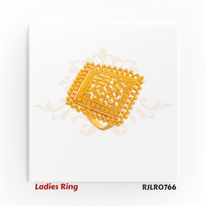 Elegant square gold ladies ring featuring fine floral filigree at its center, framed by a border of raised golden beads for a rich, traditional charm. Model RJLR0766.