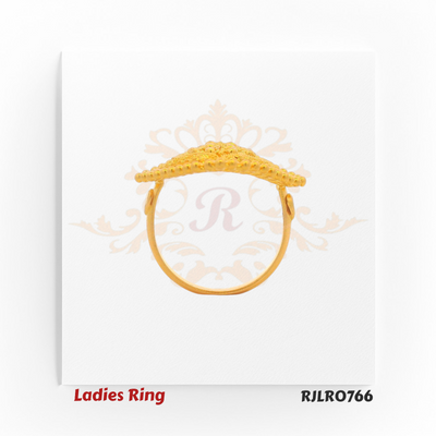 Square-shaped ladies gold ring with intricate floral filigree design, bordered by a row of raised golden beads for a traditional ethnic appeal. RJLR0766