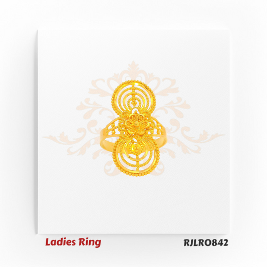 Striking long gold ladies ring showcasing layered circular accents encasing a detailed floral centerpiece, perfect for weddings, celebrations, and grand occasions. Model RJLR0842.
