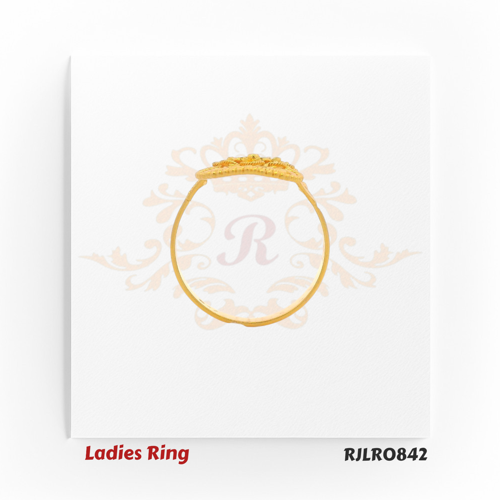 Bold and elegant ladies gold ring with a central floral design framed by concentric circular patterns, ideal for adding a festive or bridal touch. Model RJLR0842.