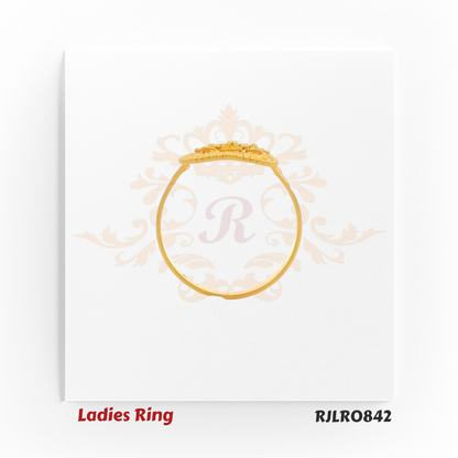Bold and elegant ladies gold ring with a central floral design framed by concentric circular patterns, ideal for adding a festive or bridal touch. Model RJLR0842.