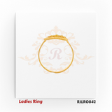 Bold and elegant ladies gold ring with a central floral design framed by concentric circular patterns, ideal for adding a festive or bridal touch. Model RJLR0842.