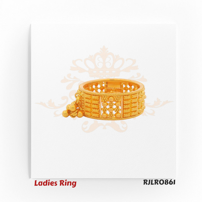 Close-up view of an intricately designed gold ladies ring with textured patterns and small dangling gold beads. Model RJLR0861.