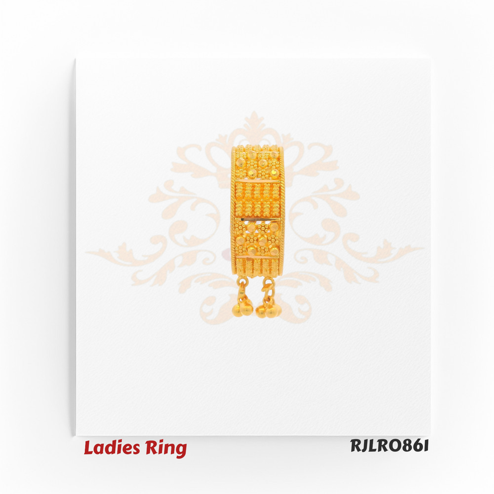 Front view of a gold ladies ring showcasing detailed patterns, square motifs, and dangling gold beads. Model RJLR0861.