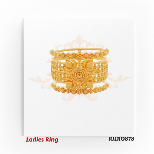Front view of a traditional gold ladies ring featuring a square floral centerpiece with intricate bead and lattice details. Model RJLR0878.