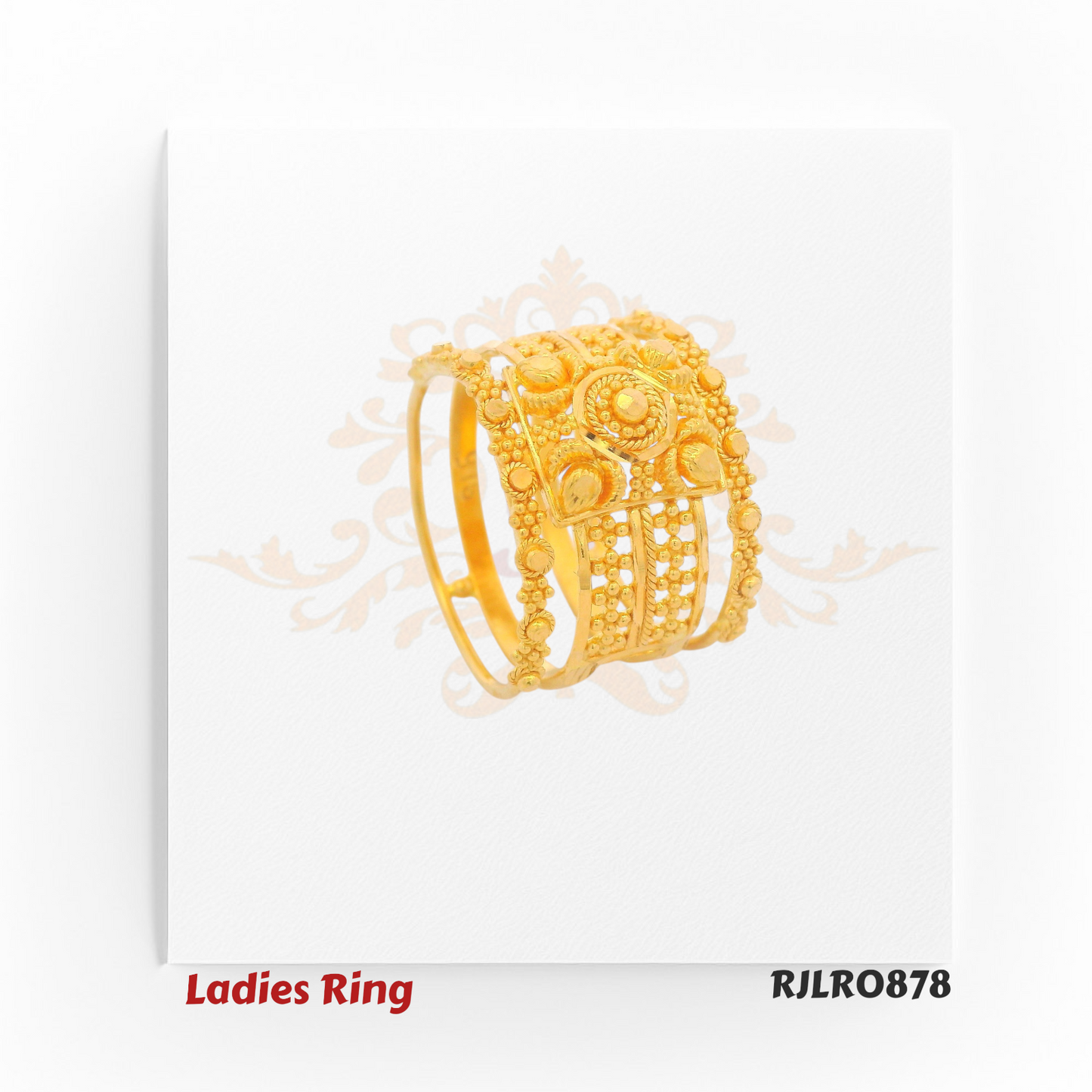 Angled view of a gold ladies ring showcasing the ornate square floral motif and decorative beaded side panels. Model RJLR0878.